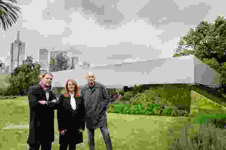 From left: David Gianotten, Naomi Milgrom and Rem Koolhaas at the 2017 MPavilion, designed by OMA.