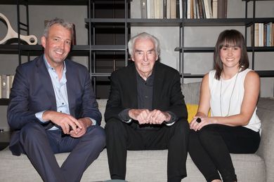 Celebrating issue 100 of Houses in Melbourne (L–R): managing director of Rogerseller James Edmonds, guest speaker Peter McIntyre AO and Houses editor Katelin Butler.