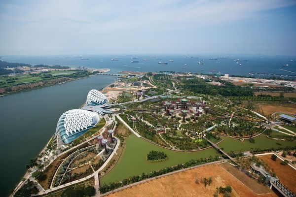 Gardens by the Bay, designed by Grant Associates and Wilkinson Eyre Architects, is sited on reclaimed land in central Singapore.