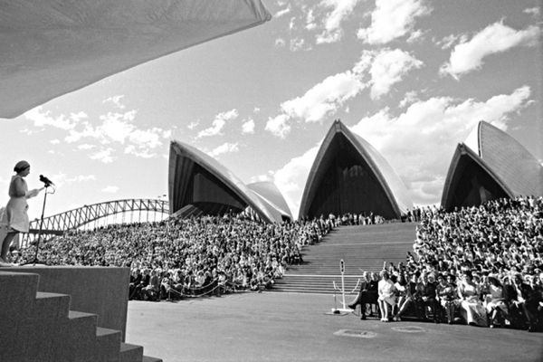 Queen Elizabeth II officially opens the Sydney Opera House on 20 October 1973.