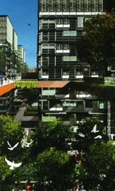 View of a “sky village” from the 45th storey. Trees and gardens screen views between units and voids cut through the gardens allow dramatic views and light penetration.
