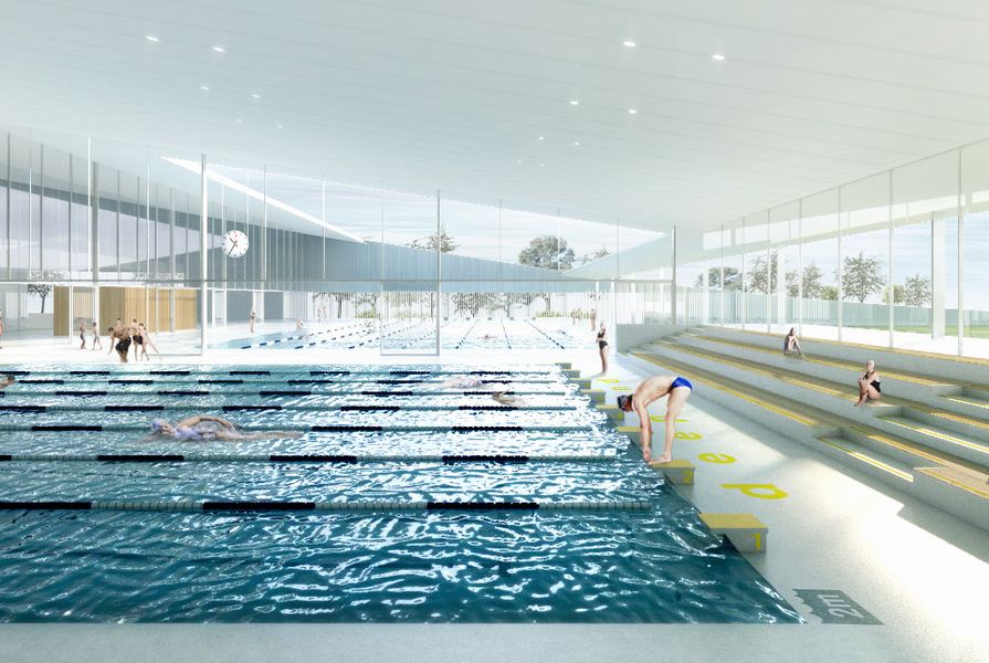 Andrew Burns Architect | Green Square Aquatic Centre competition scheme: pool hall, view to outdoor pool and sports field.