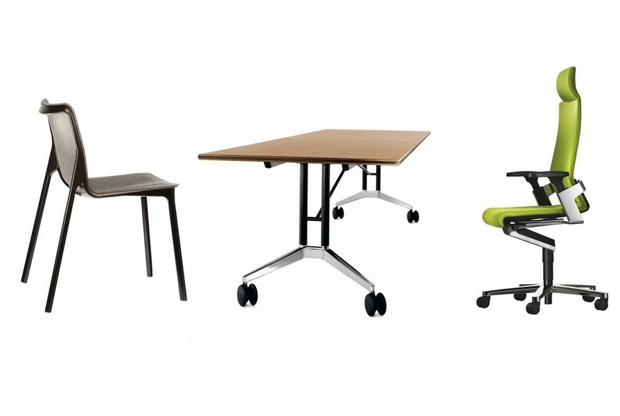 (L–R) The Chassis chair, Confair table and ON chair.