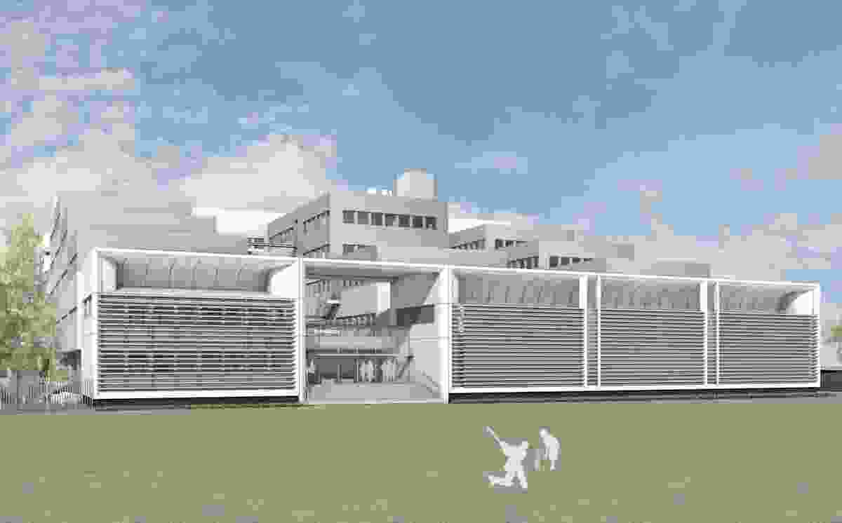 The proposed south west view of the Tinbergen Building with the new chemistry extension.