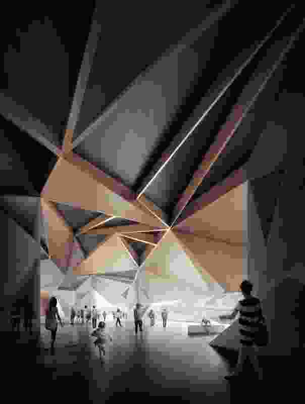 The faceted ceiling of the proposed Penguin Parade Visitor Centre is derived from a desire to create a primary timber structure.