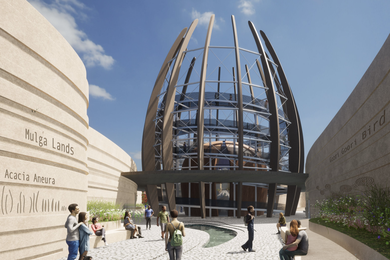 The Adhaeream design features a central museum exhibition “seed pod”, with its shape and surrounding timber glulam column structure inspired by the seeds of the Mulga tree.