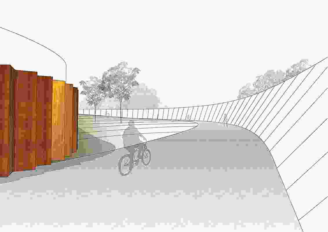 A view ascending the Bowen Place crossing path proposed by Lahz Nimmo Architects with Spackman Mossop Michaels Landscape Architects.