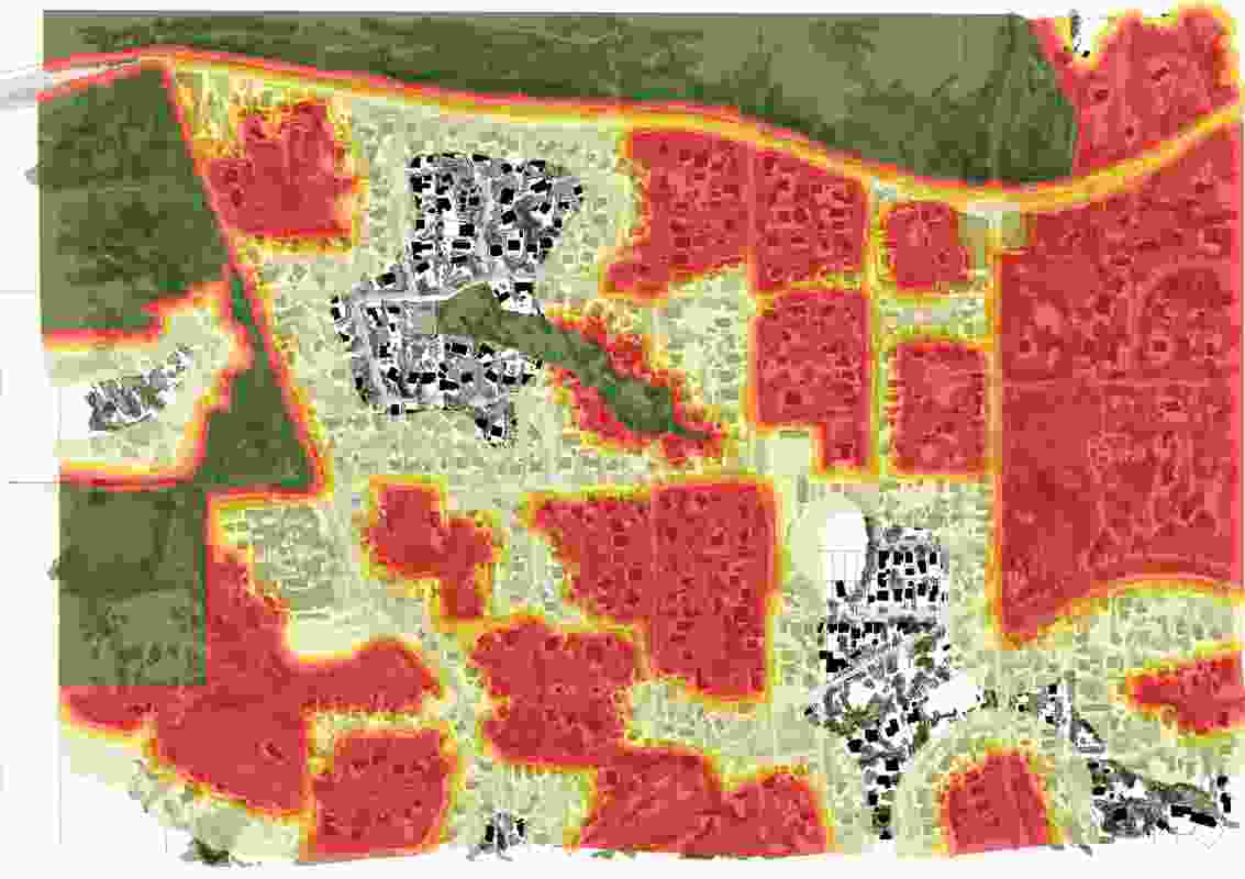 A map showing that if every home owner applied the Building Protection Zone of twenty metres to minimize bushfire risk around their own home, significant stands of trees and ecological habitat would be removed.