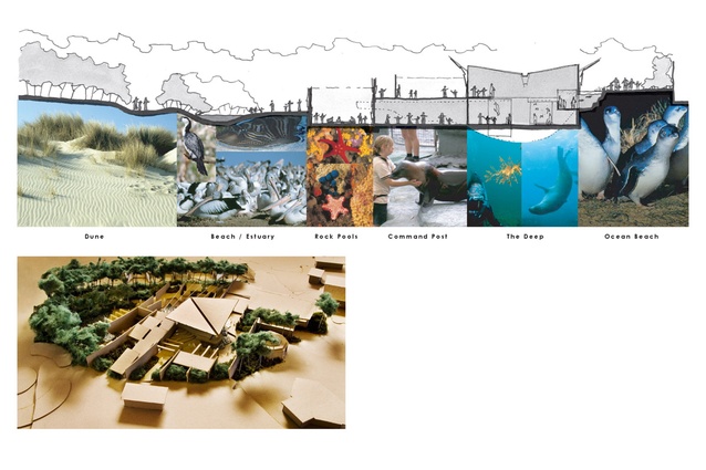 The exhibit takes visitors through a sequence of environments and habitats from dunes to beach/estuary, then rockpools, followed by the underwater environment of the The Deep, and the ocean beach.