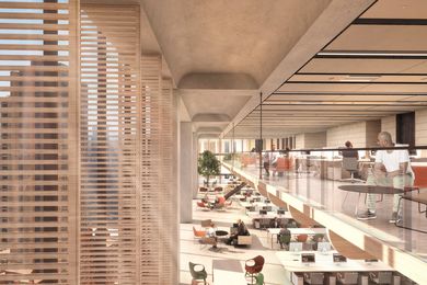 A double-height space in the high-rise section of 210-220 George Street by Grimshaw Architects.