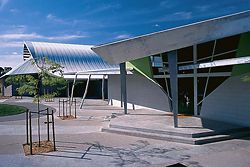 The drama and
music building with
the sports hall in the
background.