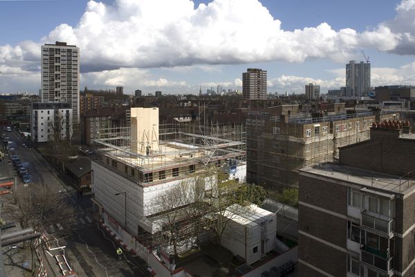Murray Grove in Hackney, London, under construction. The nine-storey tower, completed in 2009, was at the time the tallest timber residential building in the world.