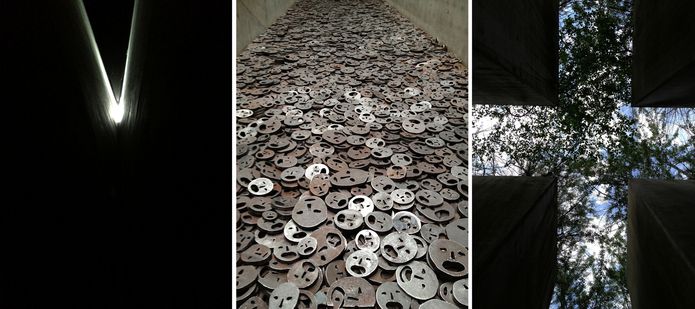 Three scenes from Daniel Libeskind’s Jewish Museum in Berlin: a darkened room with only a sliver of light; the genocide exhibit where 10,000 faces flame-cut into steel discs must be walked over; and daylight penetrating a cruciform cutting in the wall.