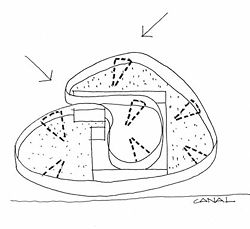Sketch from the “Continuous Field” proposal, showing the temporary shell that would both enclose and infiltrate the pavilion.