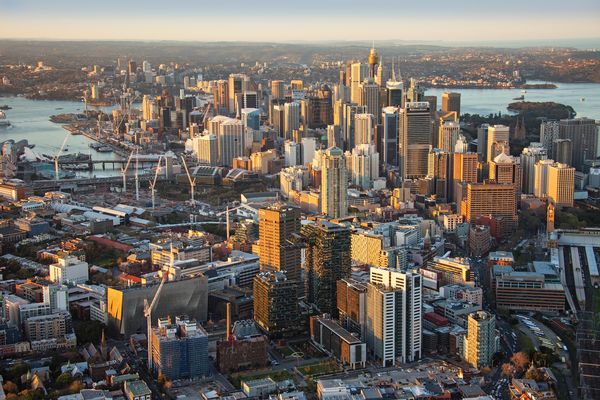 An aerial view looking north over Sydney’s central business district.