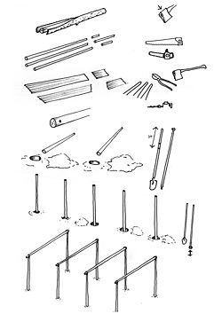 Diagram showing the construction techniques and tools used to make the houses at Goodooga.