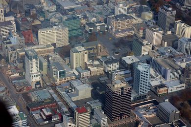 An aerial view of Christchurch after the February 2011 earthquake.