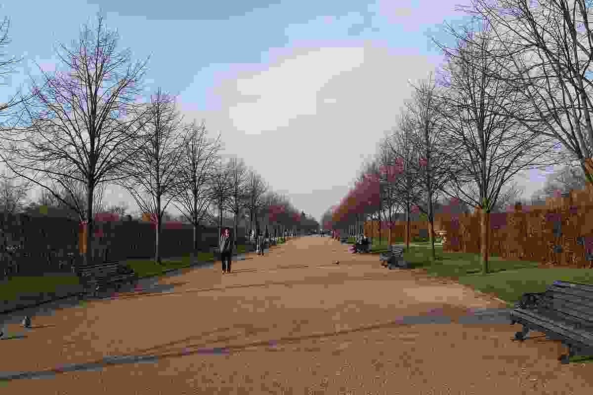 A linear path, in the same London park, with a strong one-point perspective.