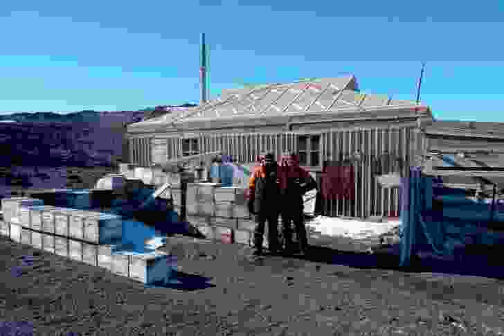 Hugh Broughton and Steven Middleton outside Ernest Shackleton’s Hut, Cape Royds, Antarctica, which was fully restored between 2004 and 2008 by the Antarctic Heritage Trust.