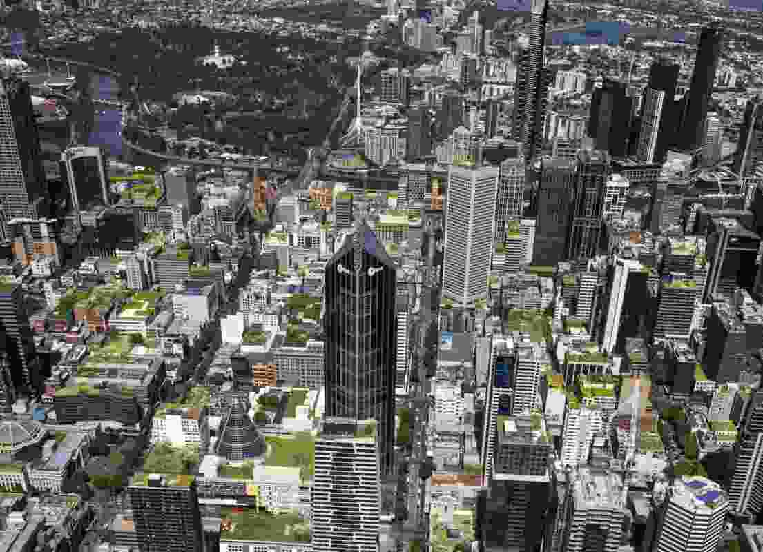 An artist's impression of Melbourne's CBD with more green roofs and solar arrays.