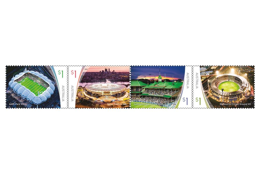 Stadiums featured on Australia Post's limited edition collection. L–R: AAMI Park by Cox Architecture, Optus Stadium by Hassell Cox HKS, Sydney Cricket Ground by J. Kirkpatrick, Melbourne Cricket Ground, including the Great Southern Stand Daryl Jackson in association with Tompkins Shaw and Evans.