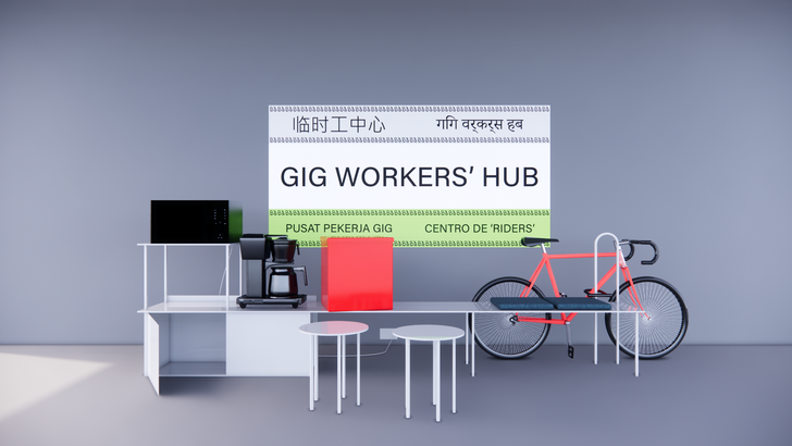 Gig Workers' Hub طوری طراحی شده است که به راحتی با آنچه در دست است قابل تکرار است: میزهای تاشو، صندلی های روی هم چیده شده، پارتیشن های متحرک، تخته سفید.