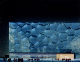The competition-winning entry by PTW Architects for the National Aquatic Centre, Beijing.