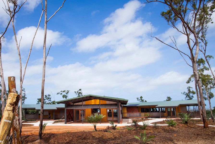 The Garma Cultural Knowledge Centre, located at Gulkula in Wiwatj (North East Arnhem Land). Architecture is used by the Indigenous clients as a medium to convey oral histories and tell their story.