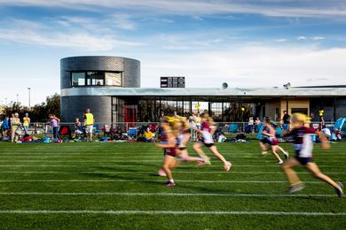 The pavilion is often surrounded by a sea of colourful family tents during sporting events.