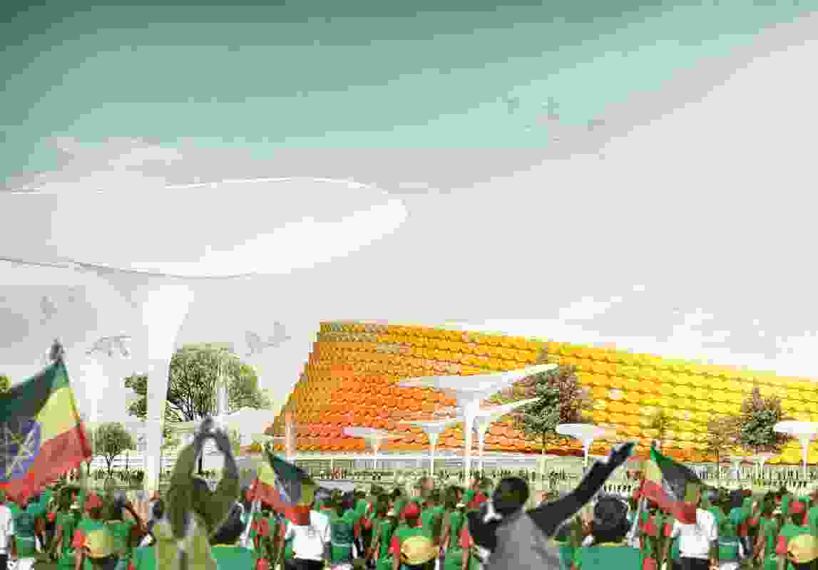 A render of a new stadium to be built in Addis Ababa, by design consortium LAVA, Designsport and JDAW.