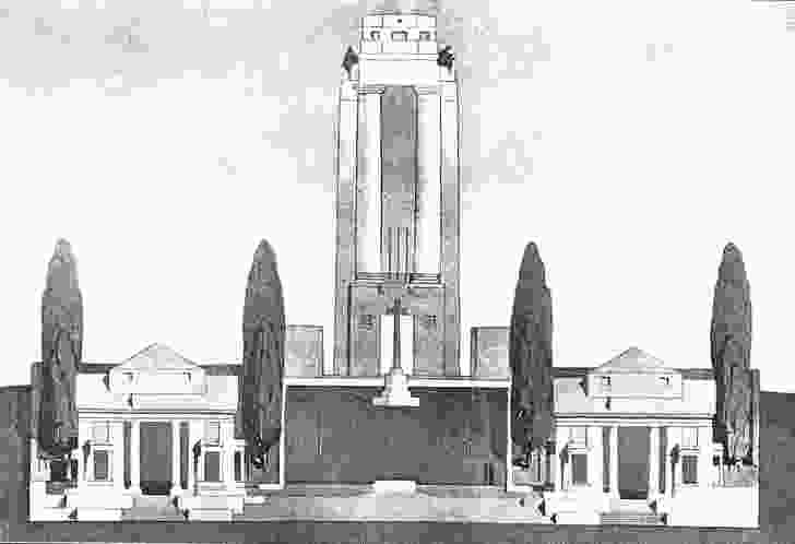 William Lucas’s ink and watercolour drawing for his design of the Villers-Bretonneux war memorial (1930), with Lutyens’s pre-existing entrance pavilions.