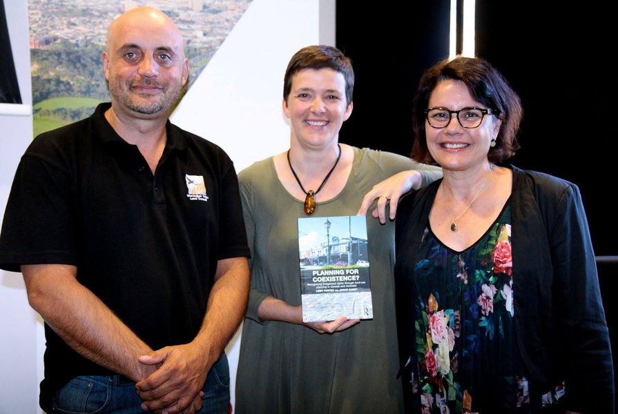 Wurundjeri Tribe Council Elder Uncle Bill Nicholson, author Libby Porter and Stacey Campton from the RMIT Ngarara Willim Indigenous Centre at the launch of book Planning for Coexistence? co-authored with Janice Barry.