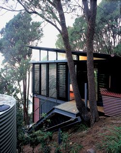 The upper pavilion from the back. The
stairs lead to the main bedroom. The inclinator, unseen,
stops before the corner on the left.Photograph Patrick Bingham-Hall