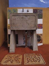 Detail showing a tub for artists to wash brushes or get water, and for people to fill up billys to make tea. The tiles are by the Warburton Women’s Centre. 