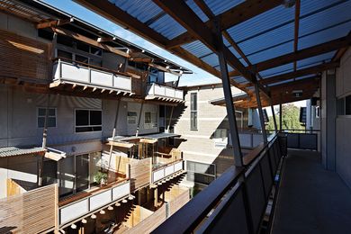 View north across the open mews that separate the project’s three wings.