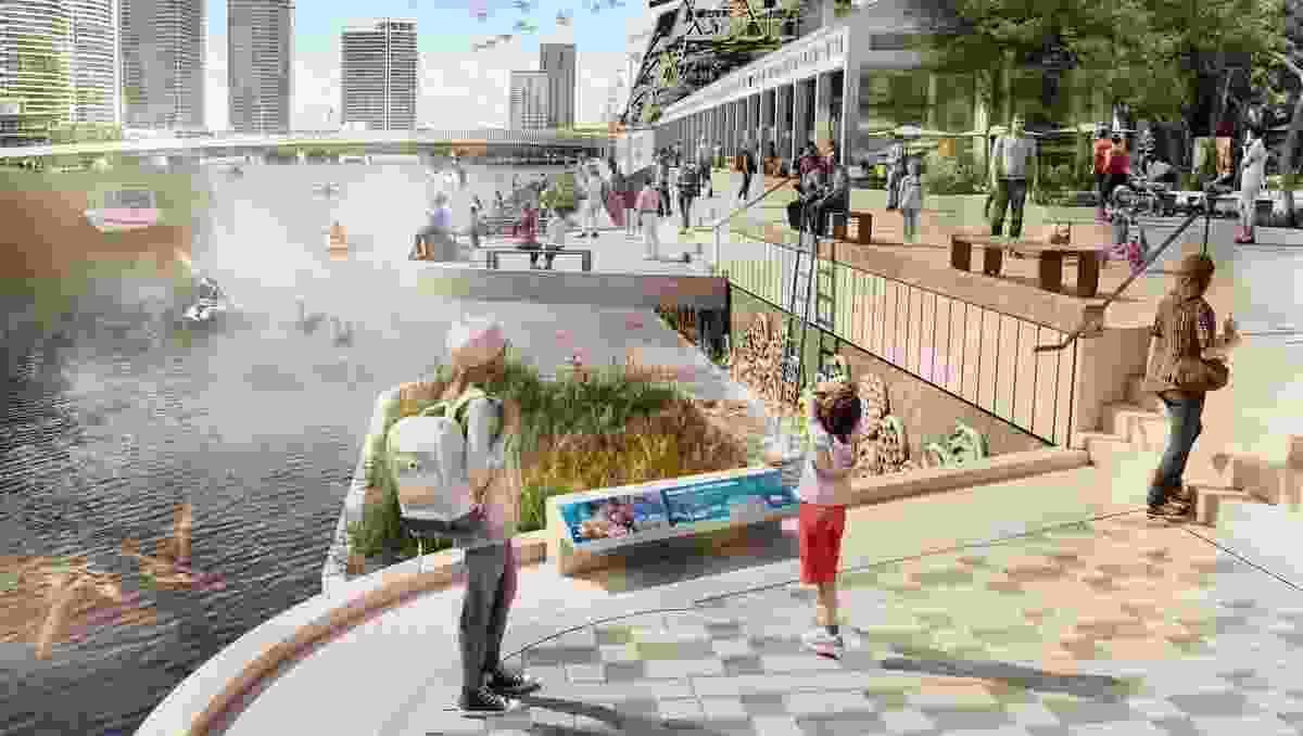 Design ideas for the Seafarers river frontage in City of Melbourne's Greenline project by Aspect Studios and TCL.