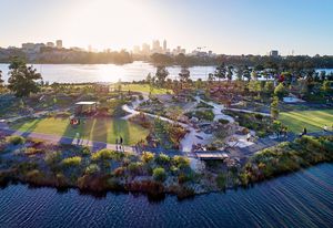 A subtly contoured parkland and three-hectare playground have been created to the east of Optus Stadium, around an existing river-fed lake.