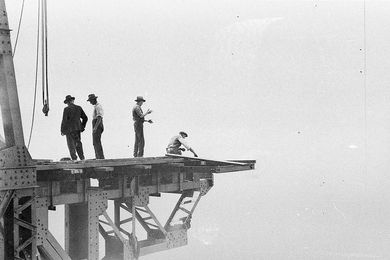 “Up there with the riggers” during the construction of Sydney Harbour Bridge, c. 1930–1932.