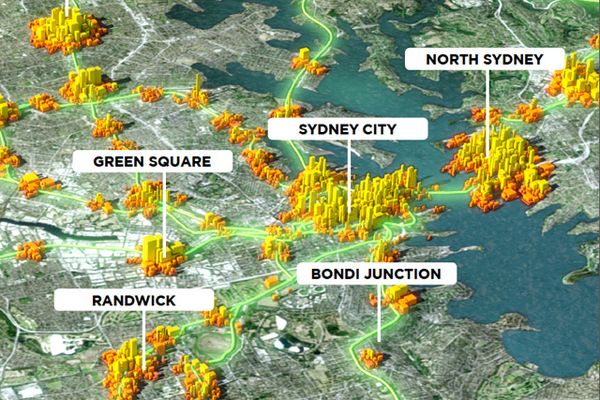 Visualisation describing potential densities in Sydney's transport centres