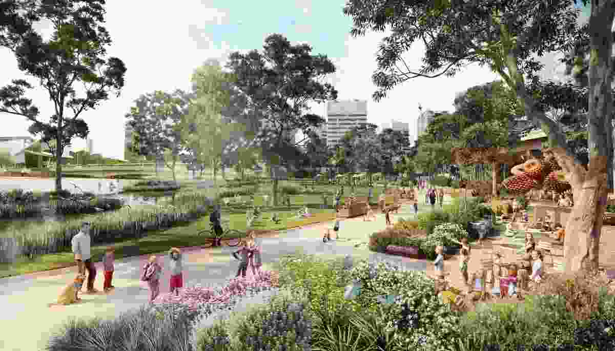 Design ideas for Batman Park in City of Melbourne's Greenline project by Aspect Studios and TCL.