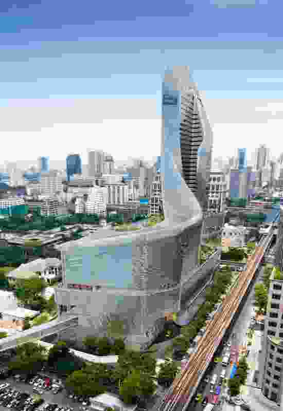 The proposal for Central Embassy in Bangkok, a retail podium and hotel tower clad in extruded aluminium tiles.