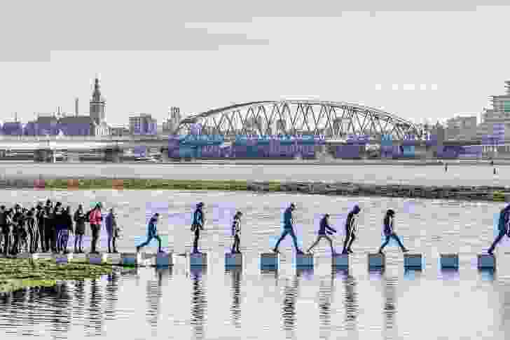 The Zaligebrug (Zalige Bridge) in the Dutch city of Nijmegen highlights the rise and fall of the river's water levels – during times of flooding the bridge partially submerges, becoming inaccessible several days of the year.