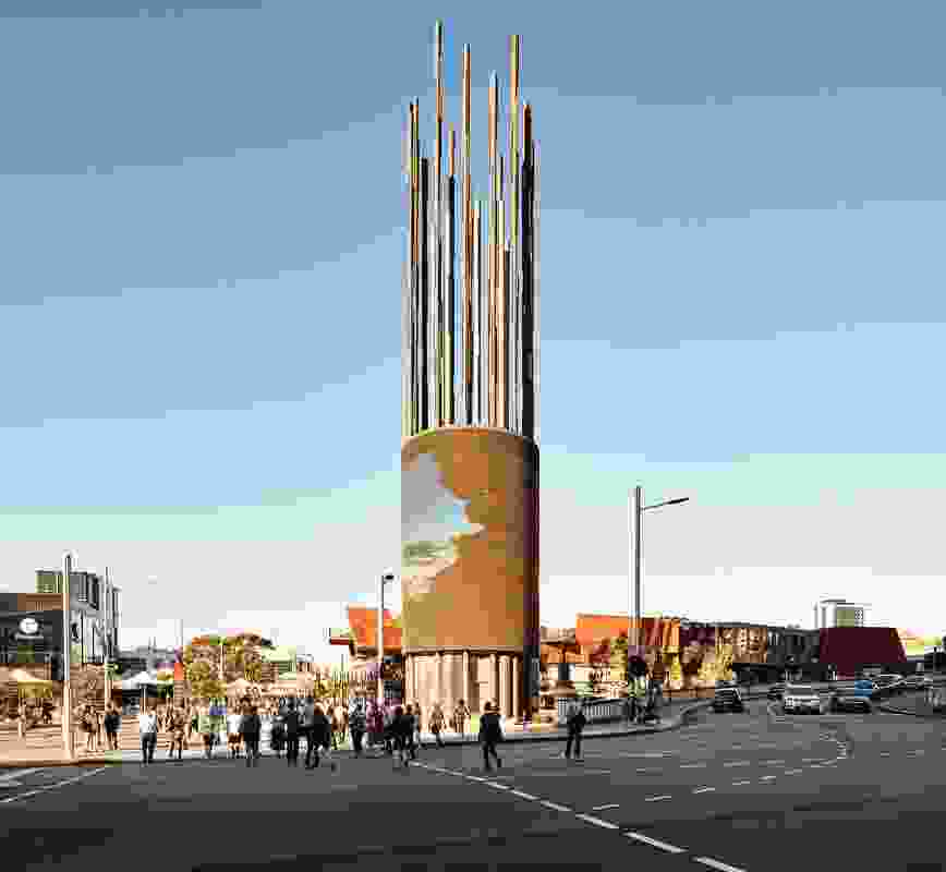The digital tower at the entrance to Yagan Square includes fourteen “reeds” that represent the site’s original wetlands and the fourteen language groups of the Nyoongar nation.
