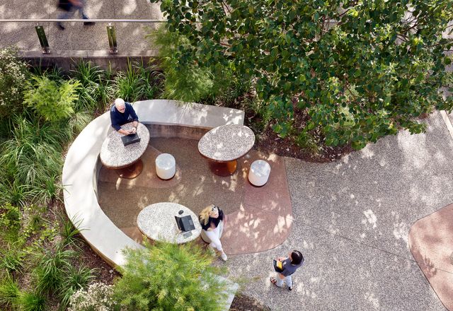 Small seating areas are formed from rammed-earth furniture using soil reclaimed from the site.