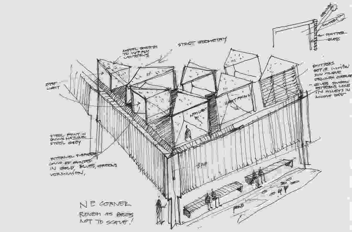 Glenn Murcutt's sketch of the Australian Islamic Centre by Glenn Murcutt and Elevli Plus Architects.