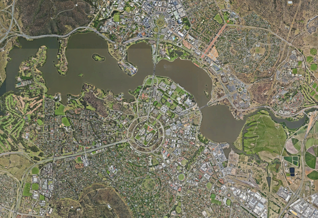 Aerial view of Canberra's Lake Burley Griffin and surrounds.
