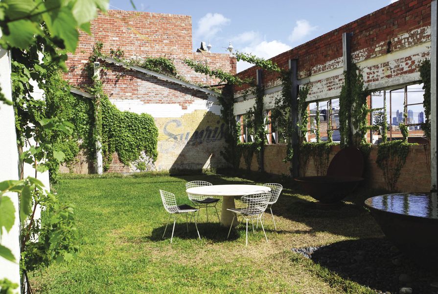 The grassed courtyard on the residential level of the factory.
