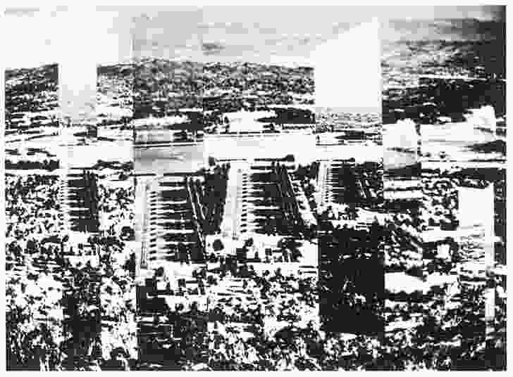 Mitchell/Giurgola Associates’ entry in the Walter Burley Griffin Memorial competition of 1975, published in Process: Architecture, No. 2, 1977. The proposal shows a series of vertical mirrors reflecting the city from the vantage point of Mount Ainslie.