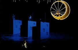 Images showing the design and realised set for Le Grande Macabre for the Komische Oper, Berlin, by Peter Corrigan.