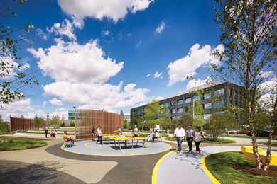 The Navy Yards Central Green by James Corner Field Operations is a five-acre park in the heart of a new corporate centre in Philadelphia, Pennsylvania. 